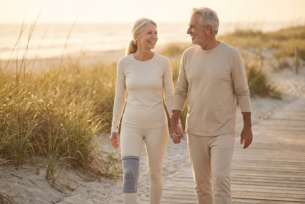 Couple walking on a beach boardwalk at golden hour, one wearing a Nexova knee sleeve