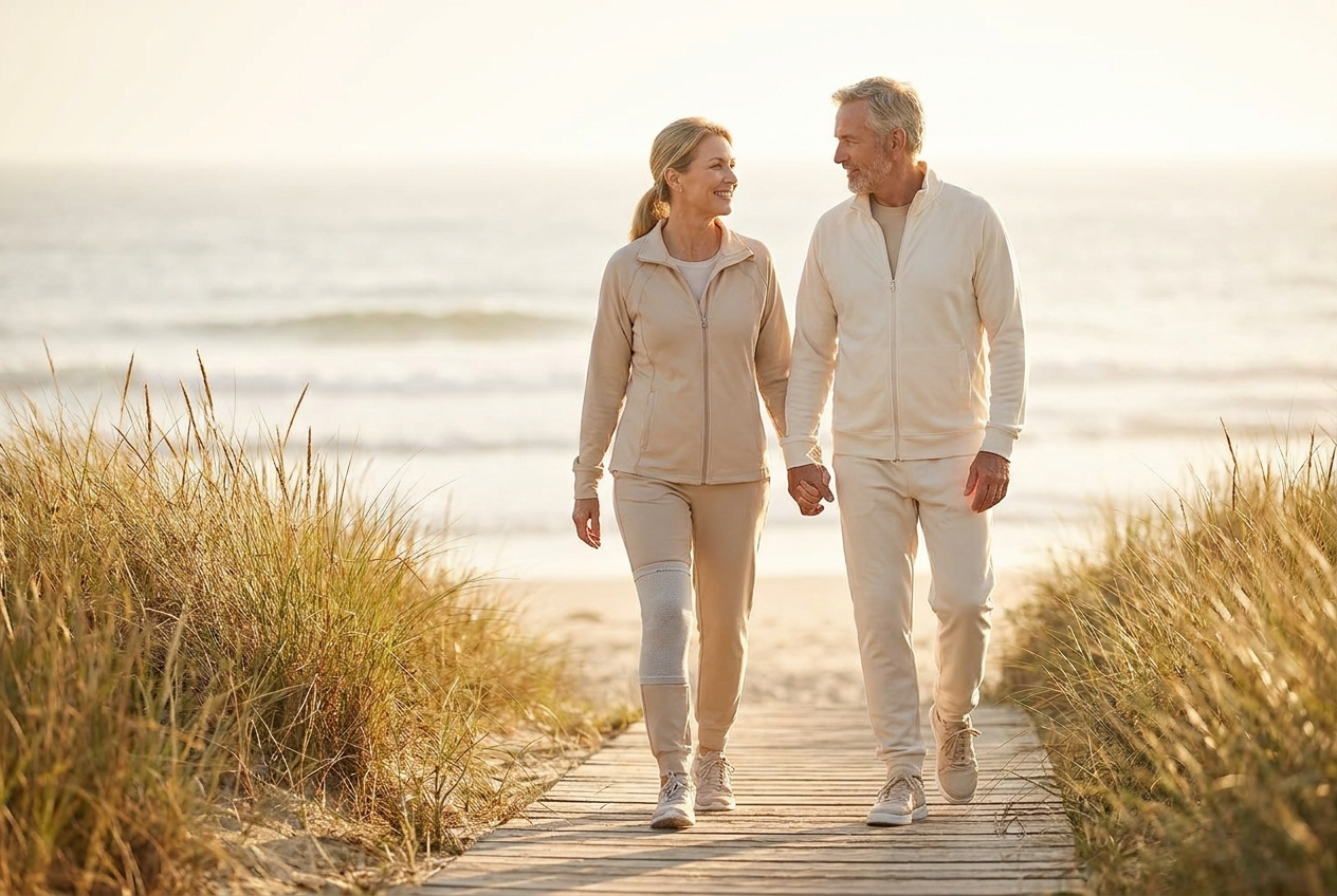 Active couple walking on the beach