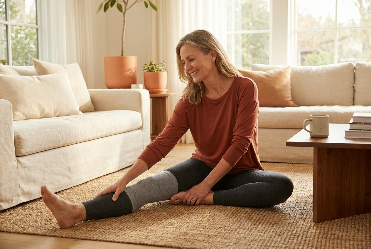 Woman stretching at home wearing a Nexova knee sleeve